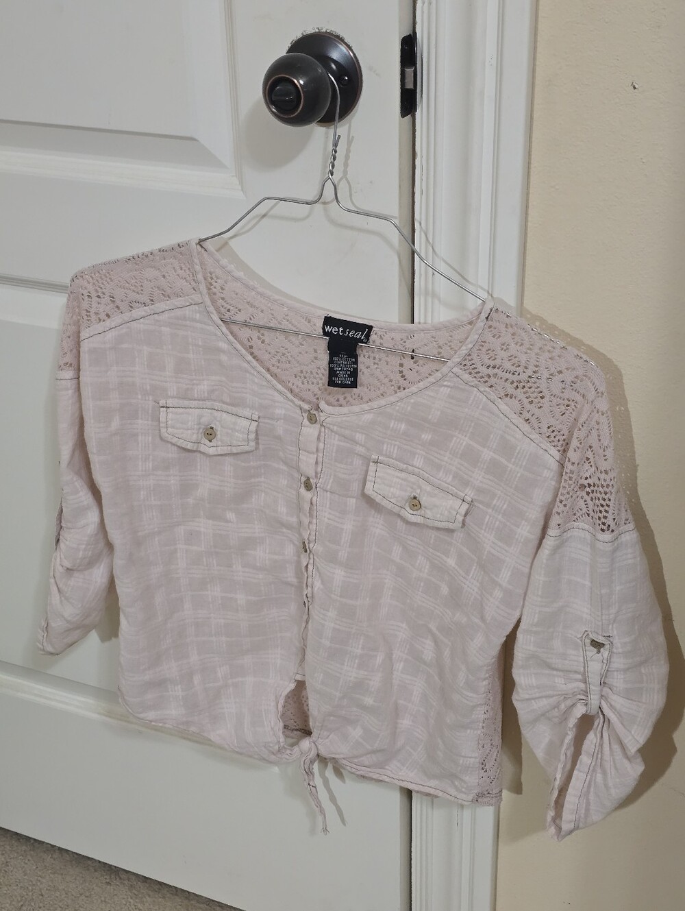 Wet Seal Pale Pink Button-Front Lace Shoulder Tie Hem Top